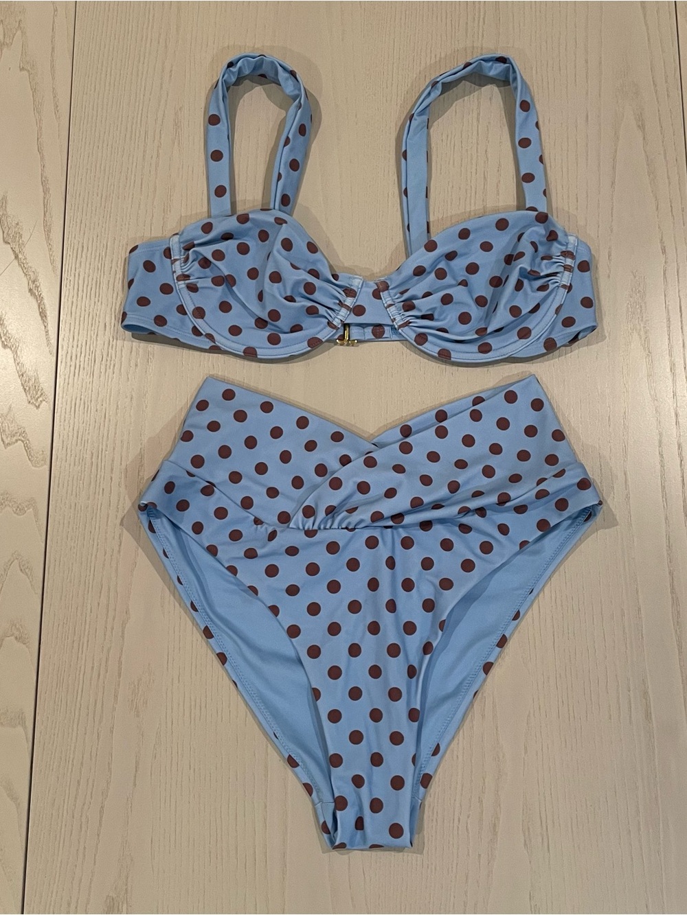 Caroline Constas Polka Dot Balconette Bikini Set (Blue/Brown) - Size Medium